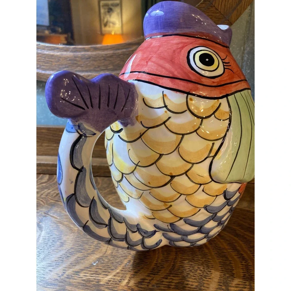 Hand Painted Ceramic Fish Pitcher Whimsical Coastal Decorative Vase Multicolor